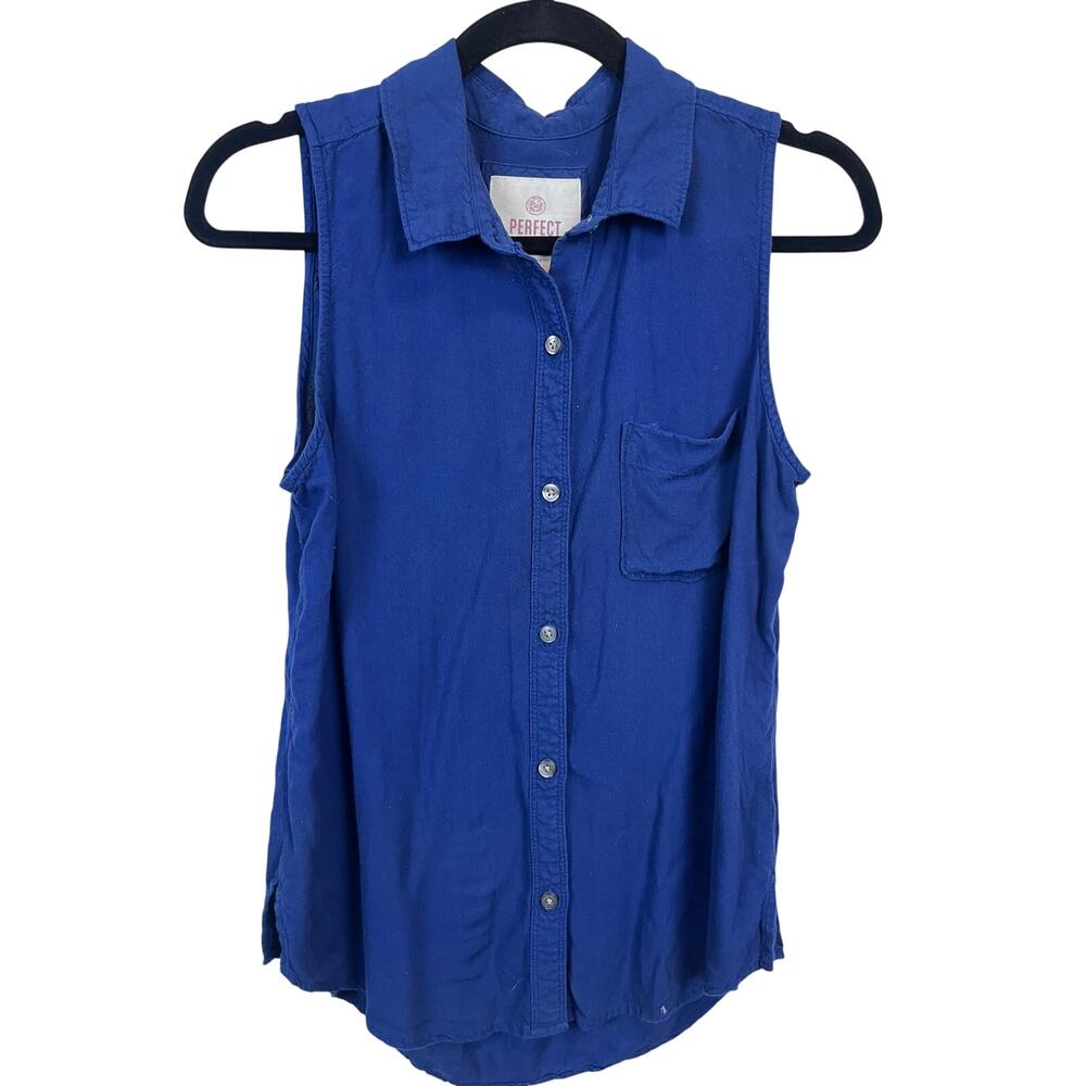 Perfect Shirt Dark Blue Sleeveless Collared Button Front Women’s Medium